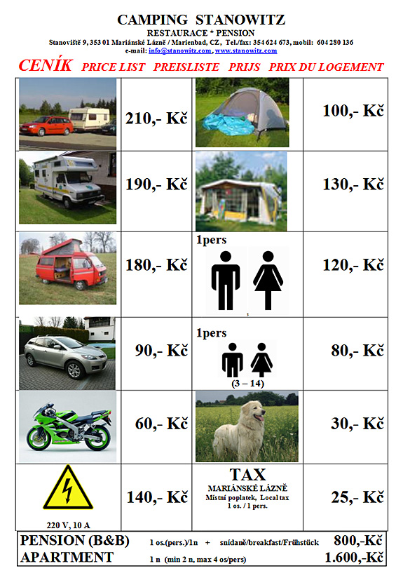 Liste des prix - Stanowitz | Stanoviště - camping, pension